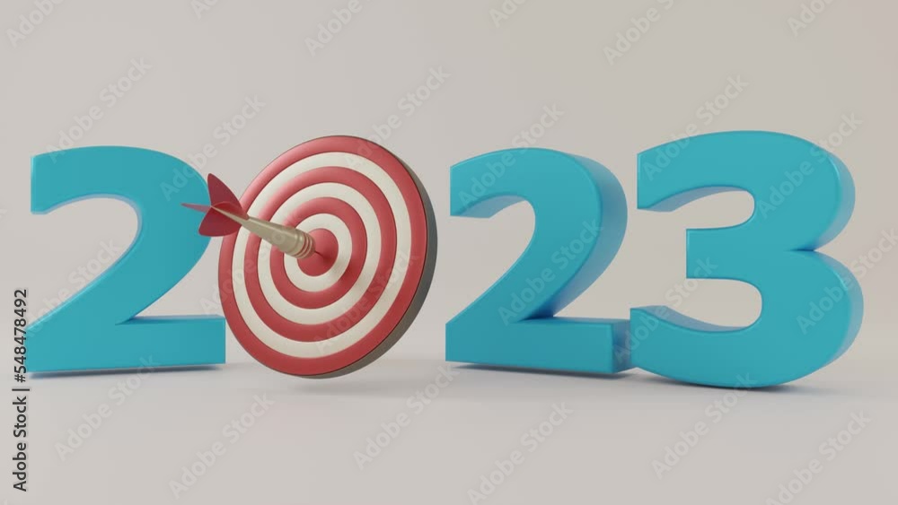 3d animation of the date of the 2023 new year and the appearance of a target for darts. The dart hits the target. The idea of sporting achievements and success in the new year 2023. 3d animation of the date of the 2023 new year and the appearance of a target for darts. The dart hits the target. The idea of sporting achievements and success in the new year 2023.