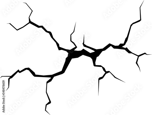 Surface crack and fissure in ground, concrete, crevices from disaster top view. Breaks on land surface from earthquake isolated on white background. Broken ground, wall, glass pattern effect. Damage