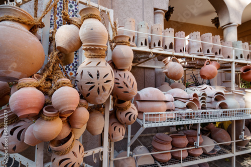 Oman Hand Made Pottery in Nizwa Market. Clay Jars at the Rural Traditional Arabic Bazaar, Oman. 