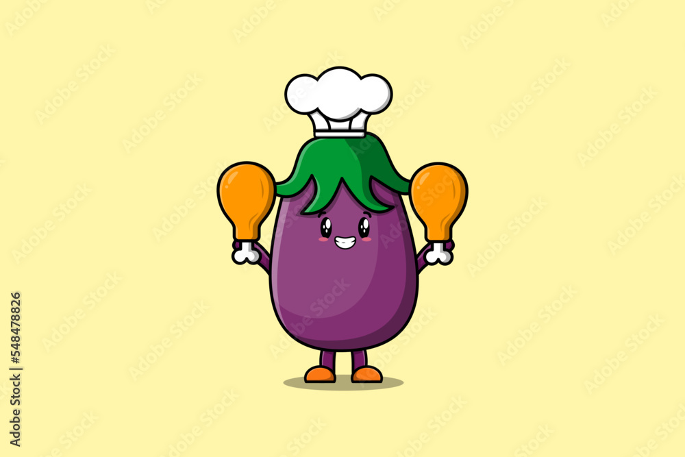 Cute cartoon Eggplant chef character holding two chicken thighs in flat cartoon style illustration Cute cartoon Eggplant chef character holding two chicken thighs in flat cartoon style illustration