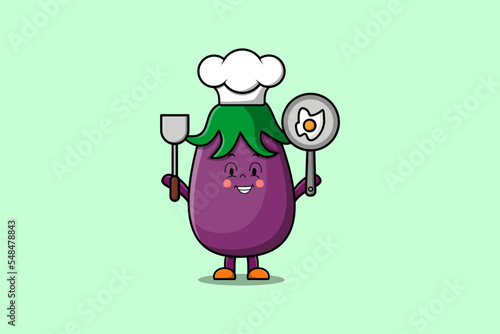 Cute cartoon Eggplant chef character holding pan and spatula in flat cartoon style illustration