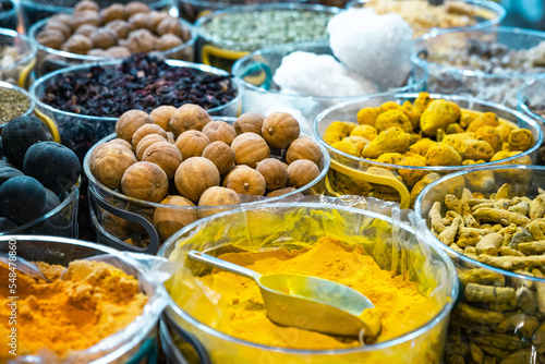 Exotic Spices in the Old Souq of Mutrah, Oman. Traditional Bazaar with Ingredients of Omani Cuisine. photo