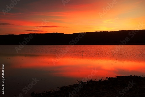 Beautiful red sunset across the Blue Mountains and lakes