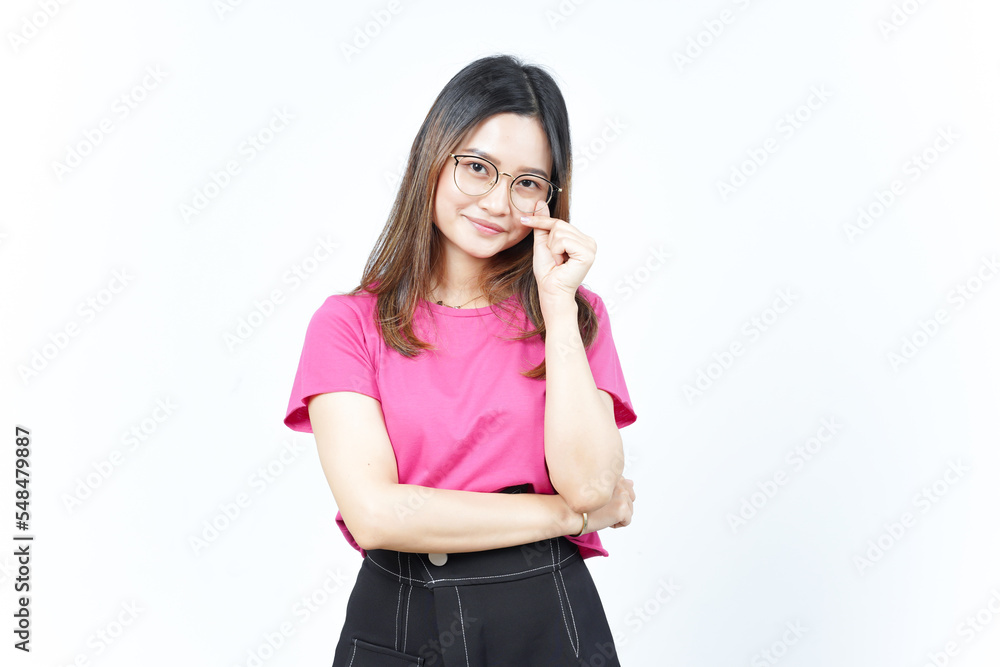 Fototapeta premium Showing Korean love finger Of Beautiful Asian Woman Isolated On White Background