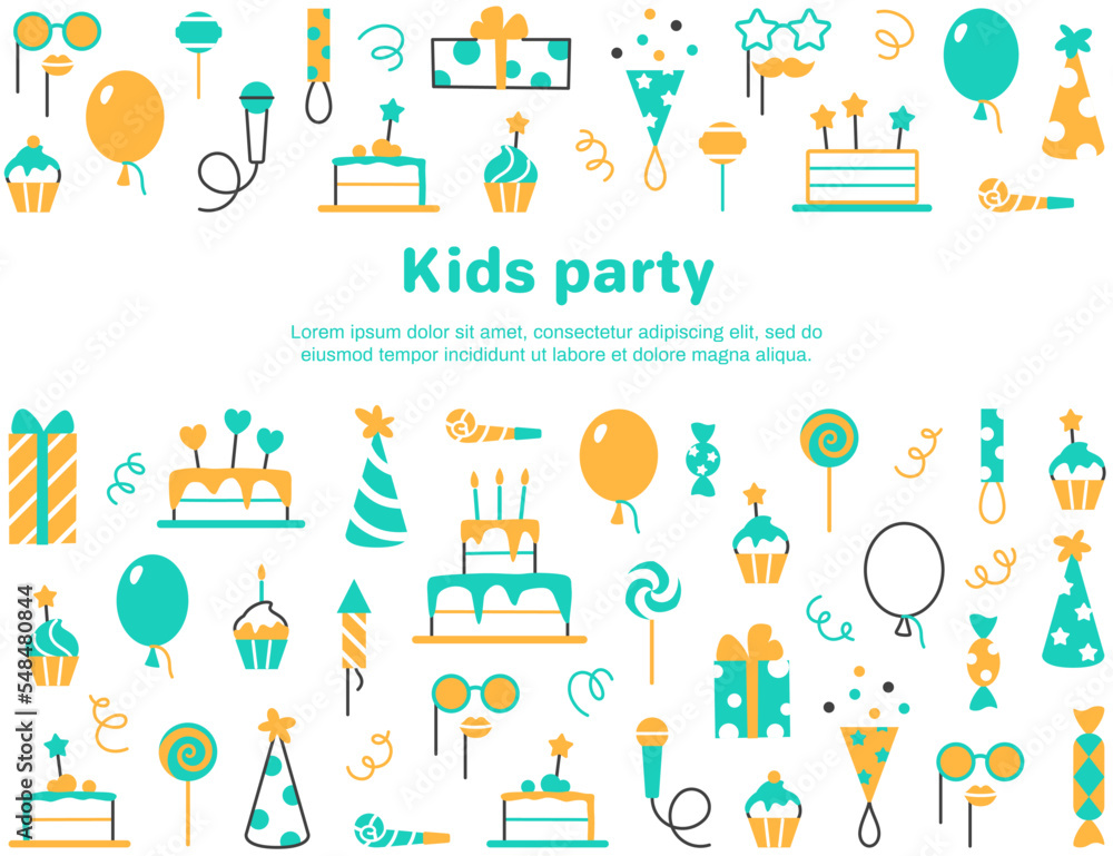 Kids party background. Greeting card invitation with text space. Anniversary celebration holiday event flat line design. Festive graphic element. Happy birthday party cake balloon vector illustration.