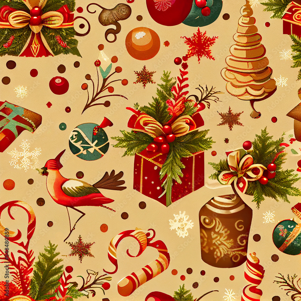 New Year's illustration of elements such as Christmas trees, presents, decorations, Santa Claus, snowflakes perfect for New Year's greeting card or gift wrapping. Family holidays have arrived. New Year's illustration of elements such as Christmas trees, presents, decorations, Santa Claus, snowflakes perfect for New Year's greeting card or gift wrapping. Family holidays have arrived.