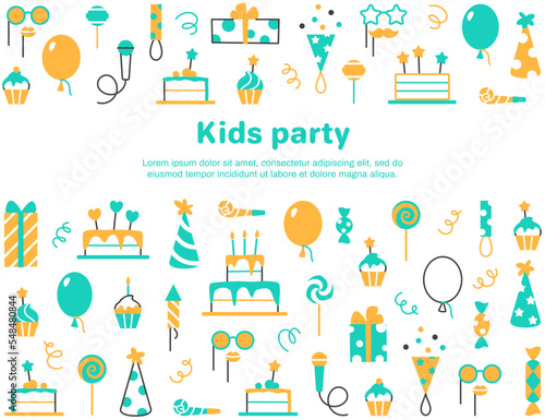 Kids party background. Greeting card invitation with text space. Anniversary celebration holiday event flat line design. Festive graphic element. Happy birthday party cake balloon vector illustration.