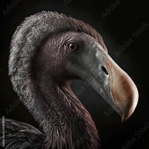 An isolated 3D rendering of the Dodo, Raphus cucullatus species, an extinct flightless bird native to Mauritius. A close-up of the portrait.