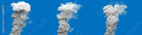 3 grey defilement smoke columns from volcano on blue, isolated - industrial 3D rendering