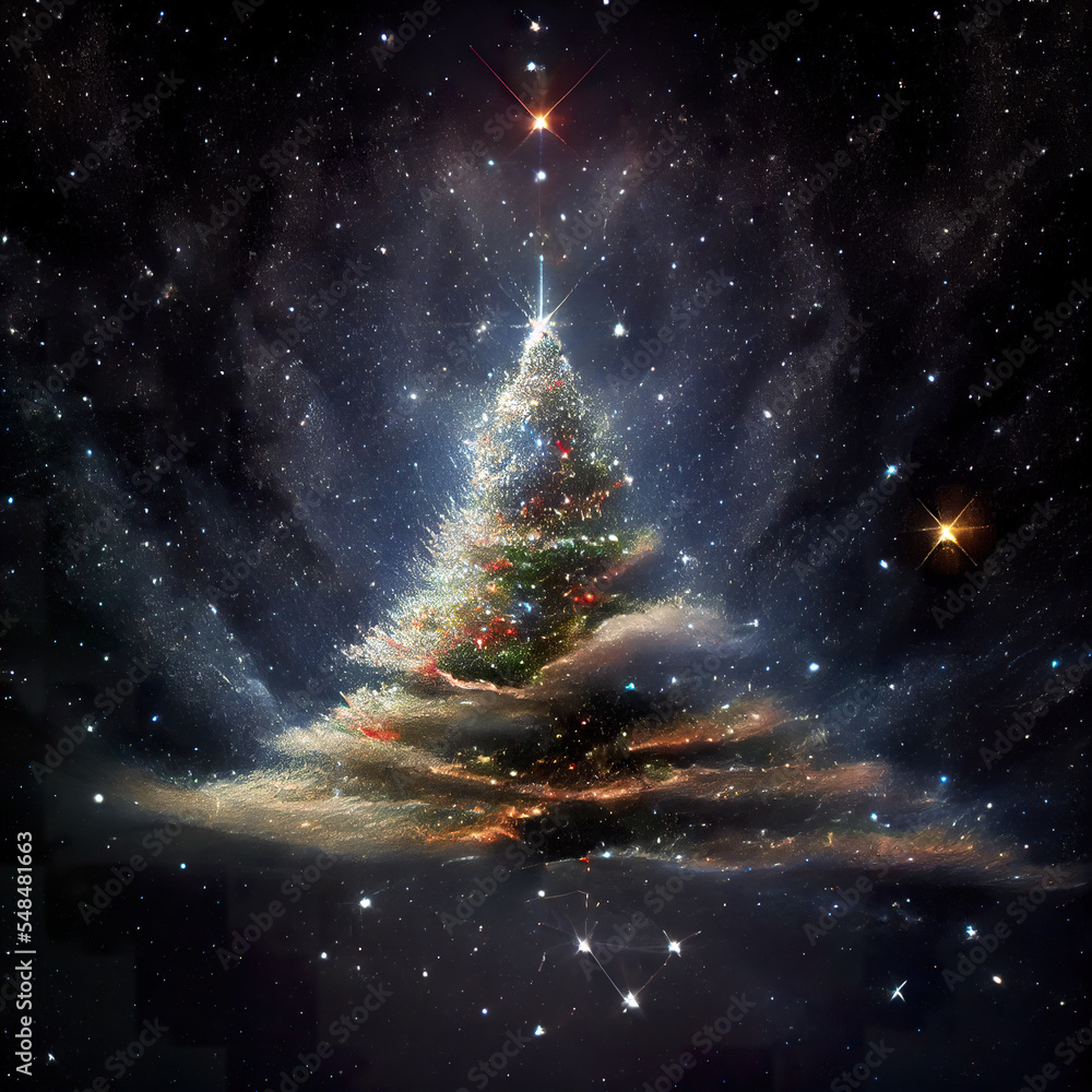 Space explosion of stars in the shape of a Christmas tree, 3D Illustration, cosmic refraction of neon colors. Futuristic urban creative concept. The whole universe is celebrating Christmas. Space explosion of stars in the shape of a Christmas tree, 3D Illustration, cosmic refraction of neon colors. Futuristic urban creative concept. The whole universe is celebrating Christmas.