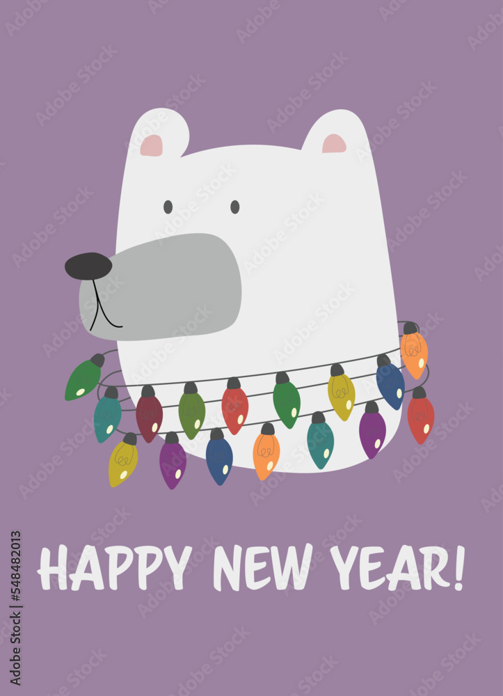Fototapeta premium Greeting card. Happy New Year white polar bear head. Vector illustration of cute cartoon bear with christmas lights for greeting cards, prints