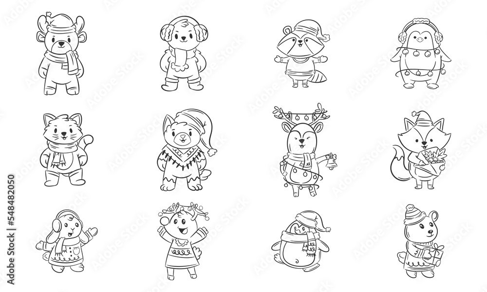 Cute animal with scarf and hats hand drawn coloring