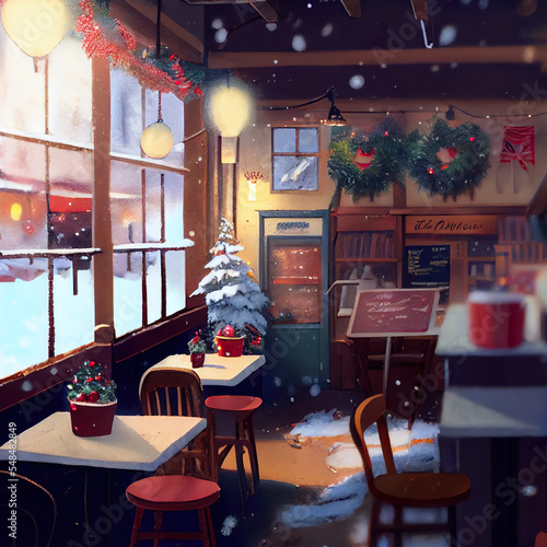 Christmas cozy atmosphere in an animated wooden coffee shop where a warm refreshing drink is served. New Year's decorated ambience and falling snowflakes. 3D Illustration background.