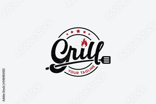 a simple grill logo with a combination of stylist grill lettering, spatula, fire and stars,