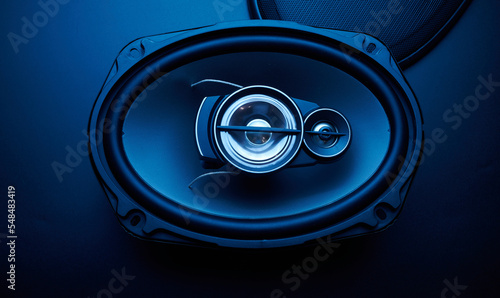 Bild auf Leinwand Black car sound speakers close-up on a black background, audio system, hard bass