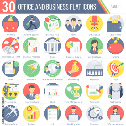 A set of 30 icons for office, business and day to day business activities including planning, meeting, strategy and so on