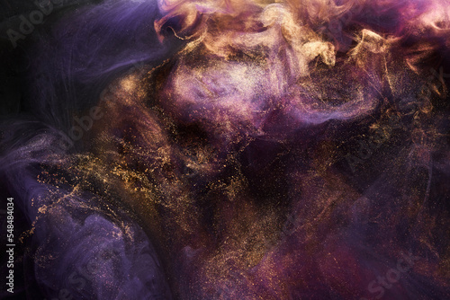 Lilac sparkling abstract background, luxury gold smoke, acrylic paint underwater explosion, cosmic swirling ink