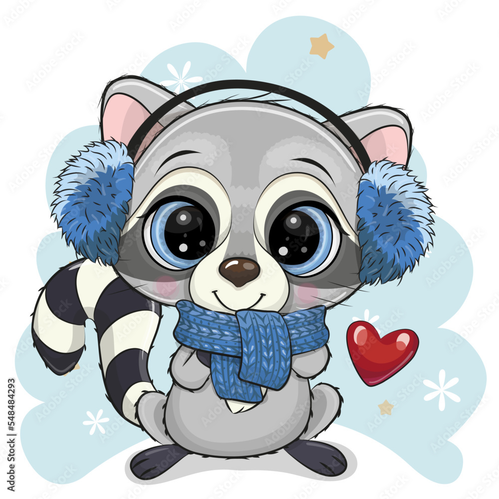 Cartoon Raccoon in blue fur headphones on a blue background Cartoon Raccoon in blue fur headphones on a blue background