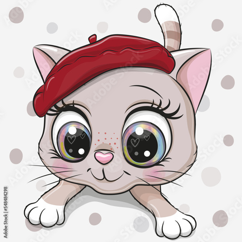 Cartoon kitty in red beret on a dots background