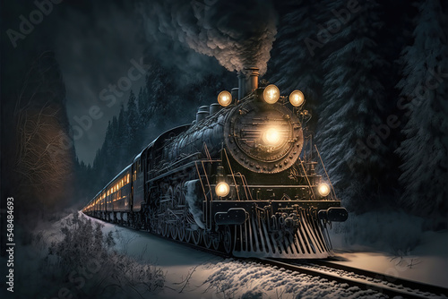AI generated image of a beautiful winter forest scene with snow and old steam locomotive on the track at night