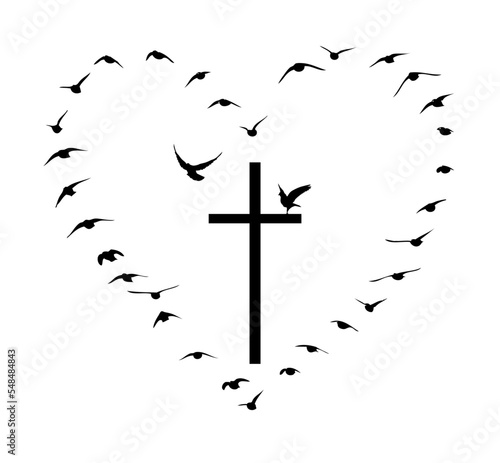 Dove flying with a Symbol of Religion. Cross. Dove Of Peace. No war. Freedom to Ukraine . bird heart . Vector illustration.