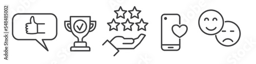Feedback vector line icon collection on white background - rating, ranking, satisfaction, assessment, like and feedback