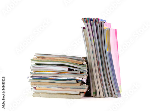 Stacks of books, paper, school documents, university, library, study or office, and old books for recycling. isolated on white background