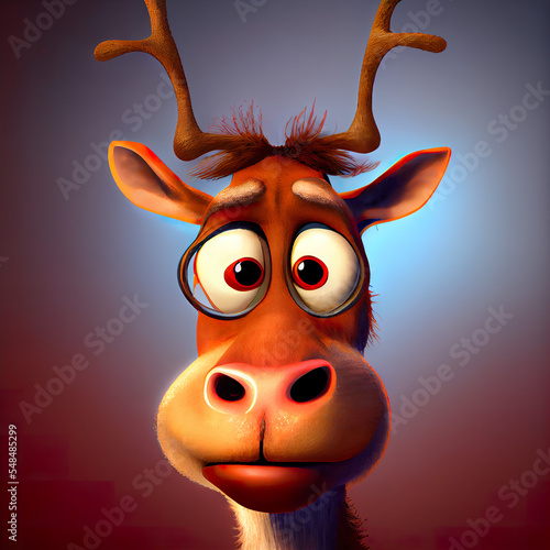 Holiday portrait of an illustrated reindeer. Fictional animated animal  helper and friend of Santa Claus. New Year s Eve is coming  the gifts are ready. Blurred background.