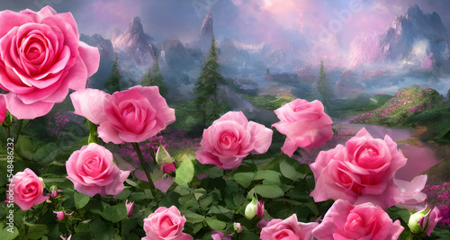 Digital Illustration Mystical Magic Roses Field Landscape 