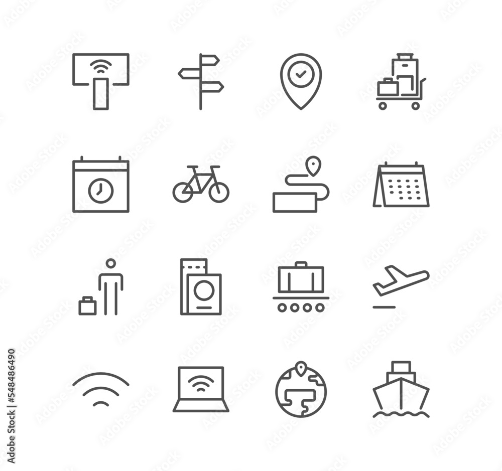 Set of travel and tourism icons, hotel, vacation, journey, transportation and linear variety vectors.
