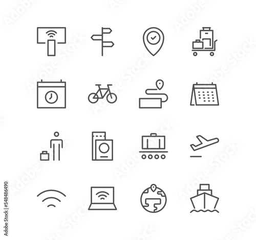 Set of travel and tourism icons, hotel, vacation, journey, transportation and linear variety vectors. 