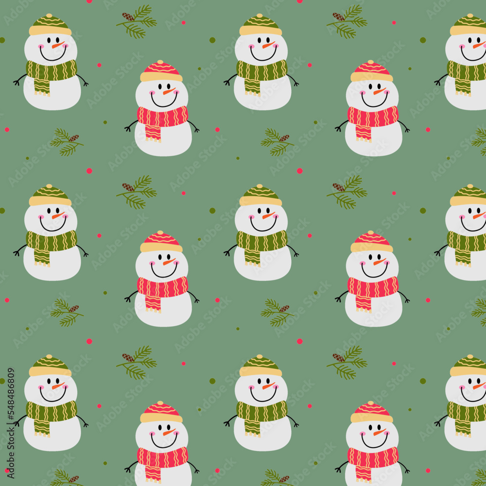Vector seamless pattern of happy snowmen. Festive wrapper illustration, holiday background