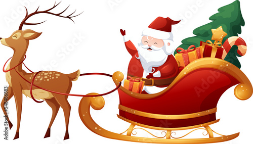 Cartoon Santa Claus sleigh with gifts and reindeer in harness on transparent background