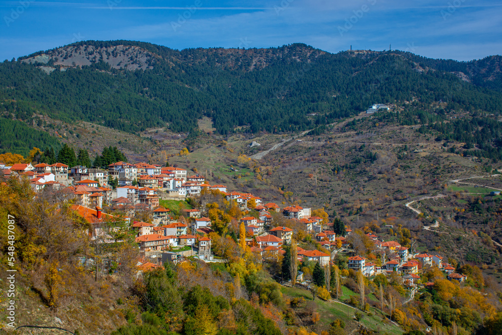 view of iconic village of Metsovo with traditional house, Epirus, Greece