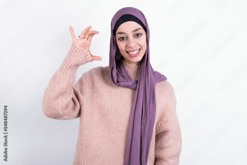 Φωτογραφία beautiful muslim woman wearing hijab and warm jumper over white background smiling and confident gesturing with hand doing small size sign with fingers looking and the camera