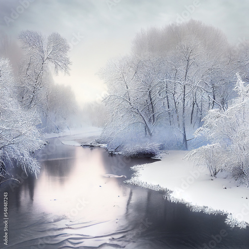 Snowy Winter landscape on frozen water, river or sea 3D Ilustration background, under the blue sky. Mountains, white soft snow and evergreen forest.