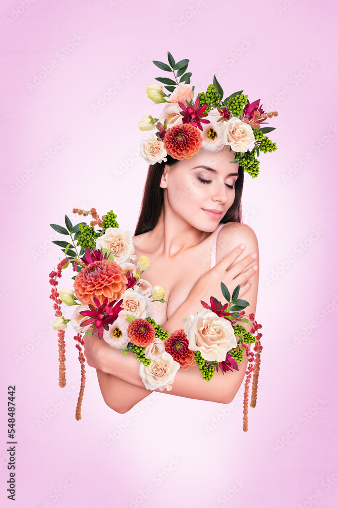 Creative poster collage of lady apply organic natural beauty product embracing floral fresh smooth body Creative poster collage of lady apply organic natural beauty product embracing floral fresh smooth body