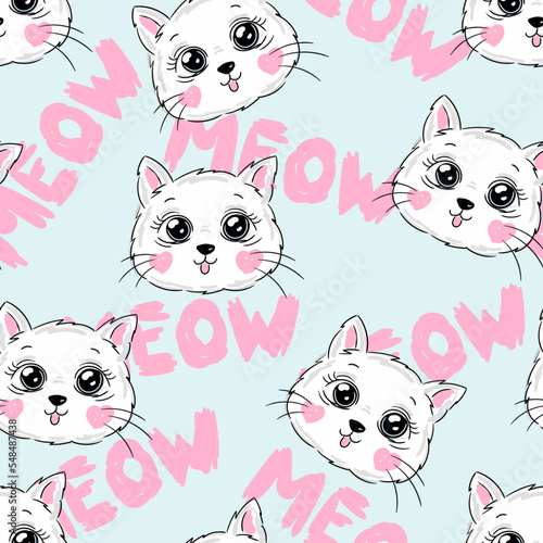 Abstract seamless childish pattern. Girlish repeated backdrop on blue background with text meow, cats. Cute funny kitty style Cartoon wallpaper for girls, textile, wrapping paper.