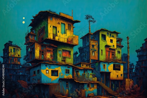 Colorful and vibrant shantytown squatters slum with multi storey square houses, densely populated area with chaotic electrical wiring and telephone lines. Digital painting art. photo