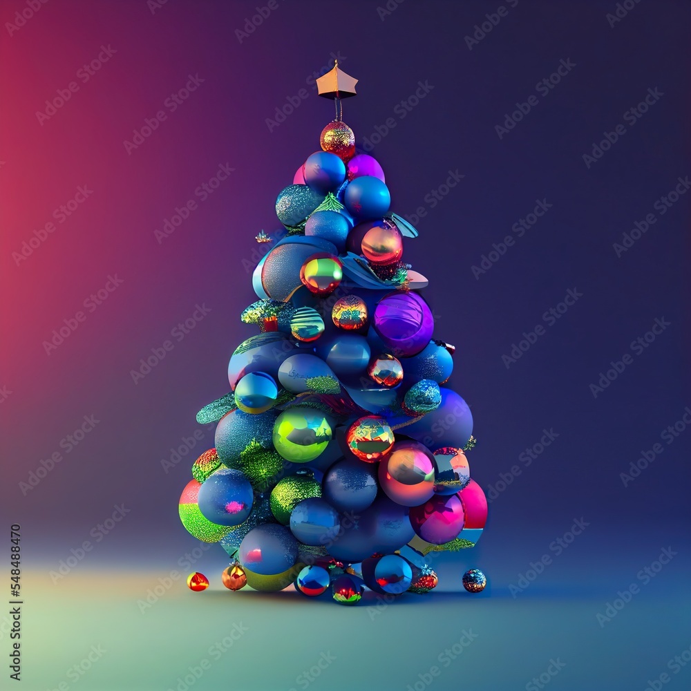 Futuristic cyber Christmas tree with colorful ornaments and shining star on  top. 3D Illustration Winter concept. Urban neon lights on dark background.  New Year from the future. Illustration Stock | Adobe Stock