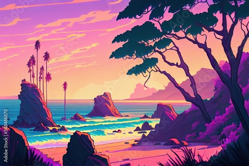 Beach and sunset in synthwave style. California beach.