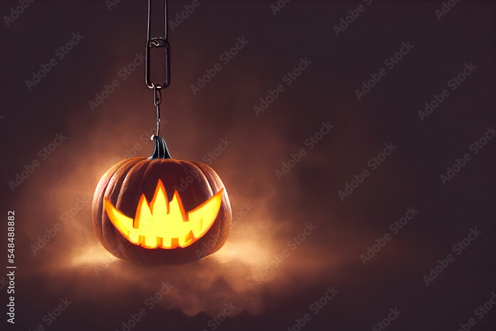 The concept of fear and horror. Scary pumpkins in the dark night. Festive atmosphere for Halloween. October is coming, be scared. 3D Illustration. The concept of fear and horror. Scary pumpkins in the dark night. Festive atmosphere for Halloween. October is coming, be scared. 3D Illustration.