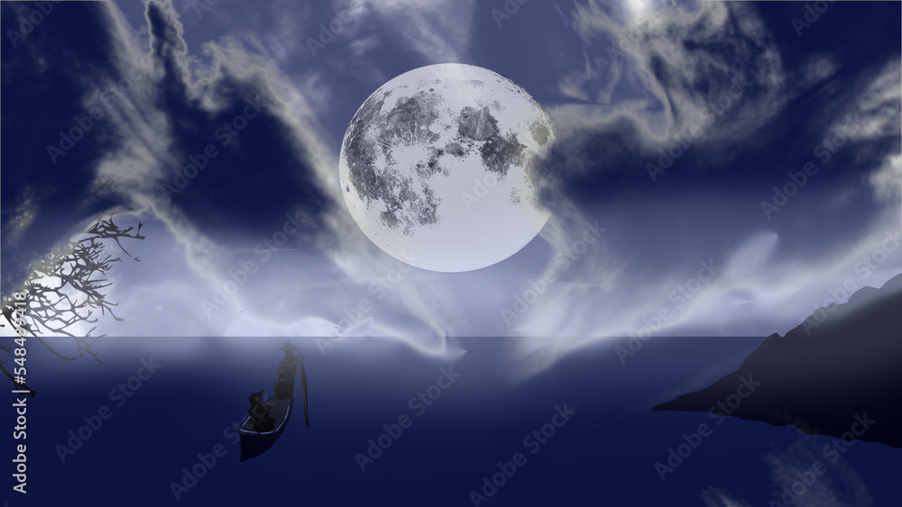 moon and land river design digital art ,type painting ,3d illustration , high definition ,  wallpaper