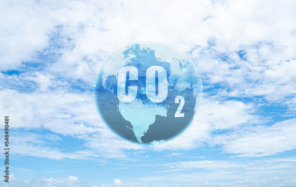 CO2 in globe map on blue sky. Greenhouse gas. Carbon dioxide gas global air climate pollution. Environment issue. Carbon dioxide in the air acting as a greenhouse gas. Primary cause of global warming. CO2 in globe map on blue sky. Greenhouse gas. Carbon dioxide gas global air climate pollution. Environment issue. Carbon dioxide in the air acting as a greenhouse gas. Primary cause of global warming.