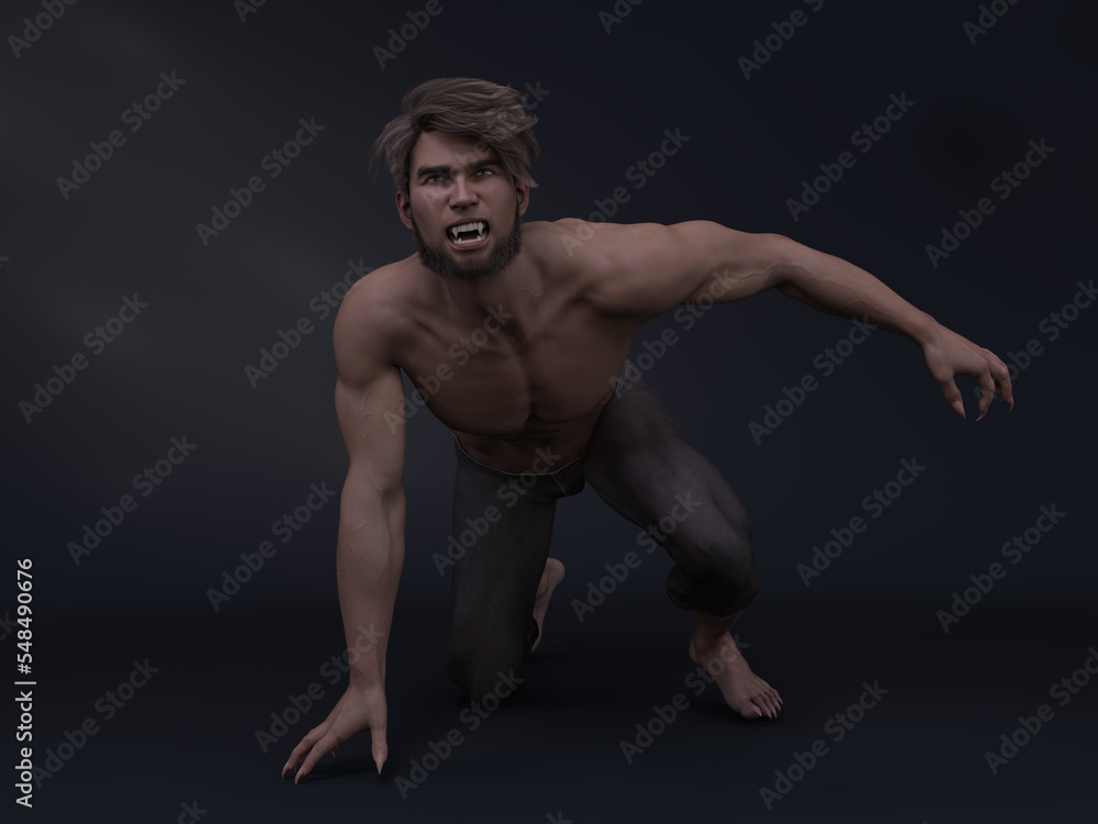 3D Render : Portrait of fantasy young male werewolf character,horror creature character for halloween