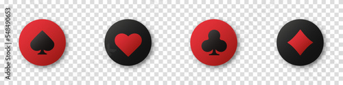 Set collection gambling sign symbol of playing card suits and chips for poker and casino. Hearts, clubs, diamonds and spades on an isolated transparent background.