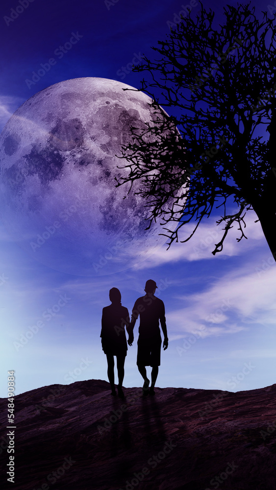  boy and girl walking  open sky and tree scene digital art ,type painting ,3d illustration , high definition ,  wallpaper