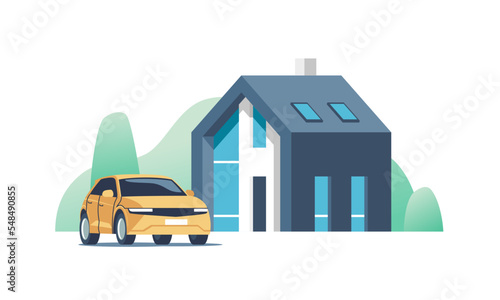 Suburban modern house. Family home with auto. Vector illustration.
