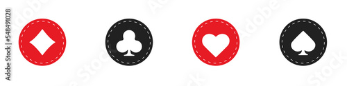 Set collection gambling sign symbol of playing card suits and chips for poker and casino. Hearts, clubs, diamonds and spades on an isolated white background.