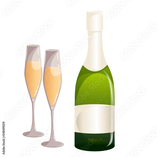 A bottle of champagne and two glasses.An element for holidays, Christmas, birthday, New Year, weddings.Vector illustration.